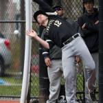 Lynnwood&rsquo;s Carson Speegle tries to catch a foul ball near the dugout. Lynnwood beat Shorewood 3-2 in nine innings of baseball on Tuesday, April 4, 2017 in Shoreline, Wa. (Andy Bronson / The Herald)