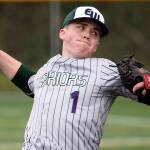 Edmonds-Woodway&rsquo;s Ian Michael throws a pitch during a game against Meadowdale on April 12, 2017, at Mountlake Terrace High School. (Kevin Clark / The Herald)