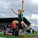 Edmonds-Woodway&rsquo;s Hannah Hicks makes a leap in the long jump during the Eason Invitational on April 22, 2017, at Veteran&rsquo;s Memorial Stadium in Snohomish. (Kevin Clark / The Herald)
