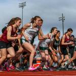 Athletes from Cascade, Mount Vernon and Jackson start the girls 3200 meters on Friday at Everett Memorial Stadium. (Kevin Clark / The Herald)