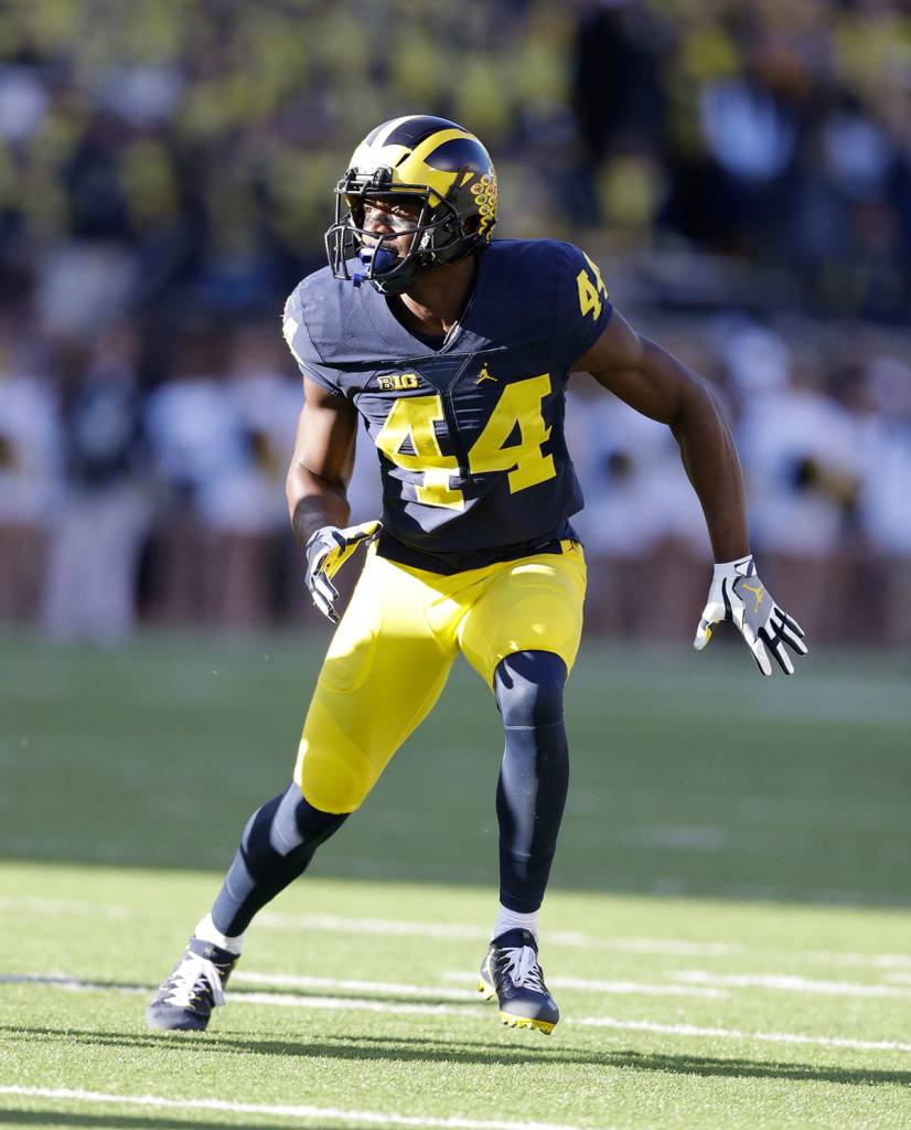 Michigan safety Delano Hill follows the play during the first half of a ame against Illinois on Oct. 22, 2016 in Ann Arbor, Mich. (AP Photo/Carlos Osorio)