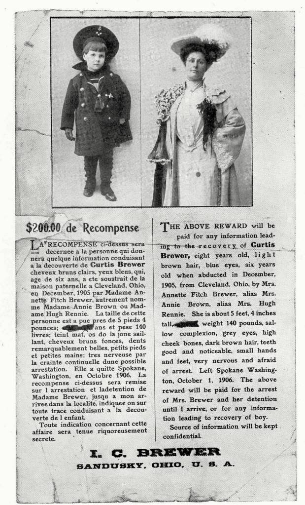 Annette Fitch-Brewer and her 6-year-old son, Curtis, are pictured on a 1906 wanted poster circulated by her ex-husband, Isaac Curtis Brewer, of Sandusky, Ohio. The mother took the boy and hid out in Lake Stevens in the early 20th century. In 1910, investigators found the boy at a schoolhouse, where he was using an alias, and returned him to his father. (Courtesy Everett Public Library)