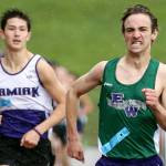 Edmonds-Woodway&rsquo;s Matthew Park (right) leads in the 1600 meters with Kamiak Cullen McEachern finishing second during the Eason Invitational on April 22, 2017, at Veteran&rsquo;s Memorial Stadium in Snohomish. (Kevin Clark / The Herald)