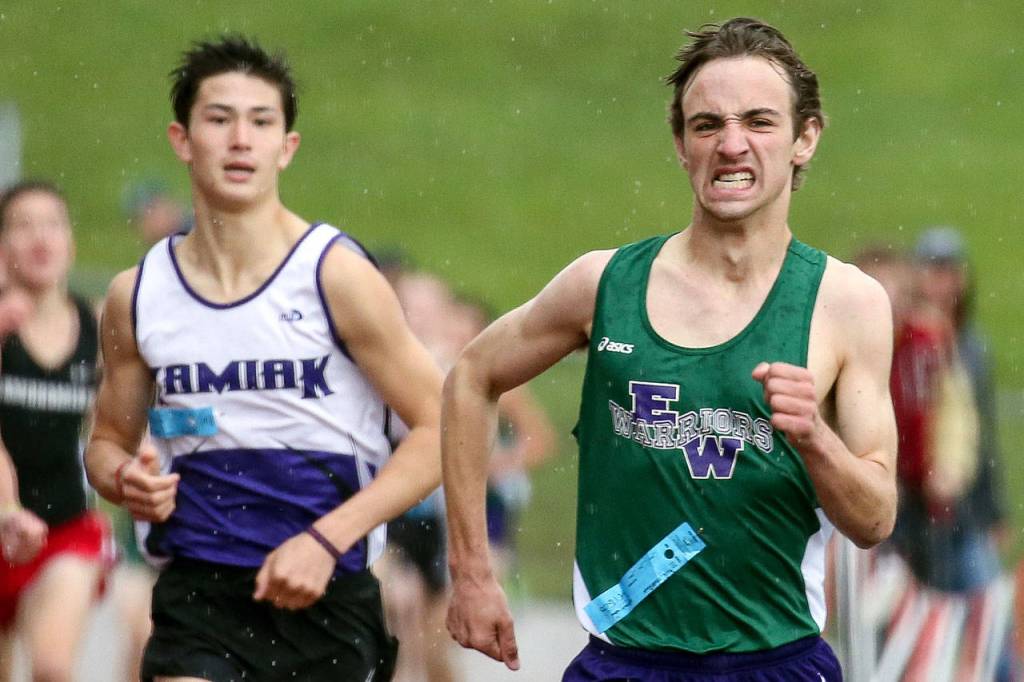 Edmonds-Woodway&rsquo;s Matthew Park (right) leads in the 1600 meters with Kamiak Cullen McEachern finishing second during the Eason Invitational on April 22, 2017, at Veteran&rsquo;s Memorial Stadium in Snohomish. (Kevin Clark / The Herald)