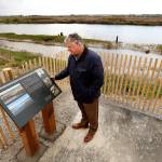 Jim Ballew, Marysville&rsquo;s parks and recreation director, looks at a sign on the new Qwuloolt Waterfront Trail on April 18 in Marysville. The trail runs from Ebey Waterfront Park to the Qwuloolt Estuary. (Andy Bronson / The Herald)