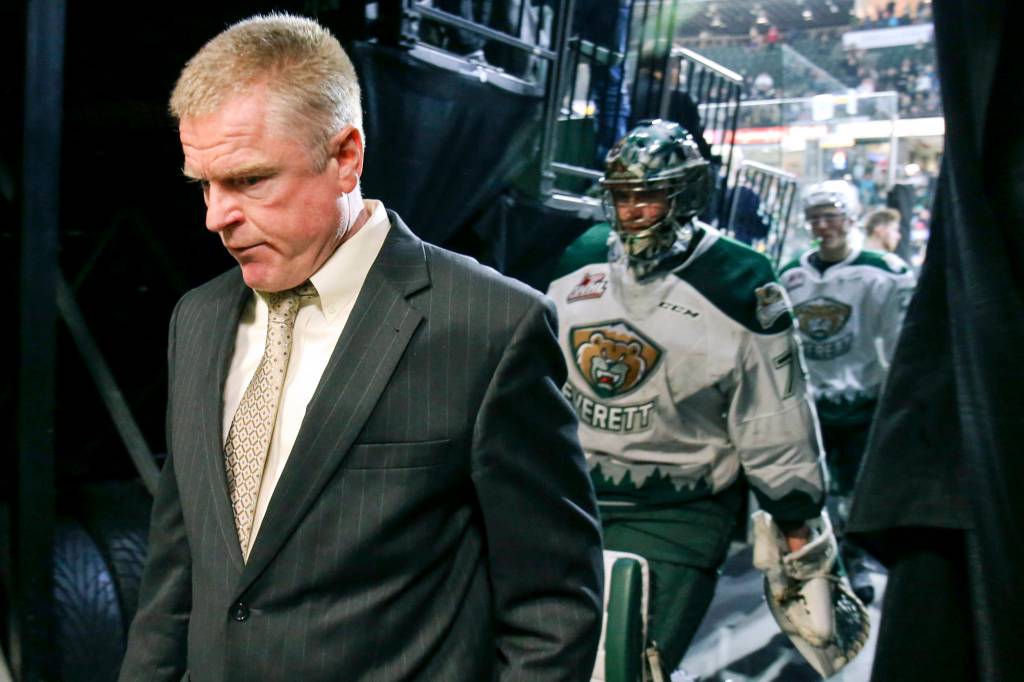 Silvertips head coach Kevin Constantine leads the team off the ice after falling to the Seattle Thunderbirds 4-3 in game 2 of the second round of the playoffs at Xfinity Arena on April 8. (Kevin Clark / The Herald)