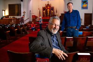 Snohomish&rsquo;s Zion Lutheran Church Pastor Gary Jensen (front) and president Dean Randall meet at the church earlier this week with Ryan Bartelheimer (back left), Janet Zwar and Carolyn Jensen. The church is preparing to celebrate its 125th anniversary. (Dan Bates / The Herald)