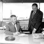 Airport director George Petrie (left)and Don Bakken, a member of the Snohomish County Airport Commission, at Paine Field. Robert Best, Everett Herald publisher, and Petrie pitched the airport to Boeing president Bill Allen, who interrupted them. &ldquo;He said they had already optioned about 700 acres. Bob and I looked at each other in amazement,&rdquo; Petrie told the Herald. &ldquo;He had no idea Boeing was thinking that big.&rdquo;