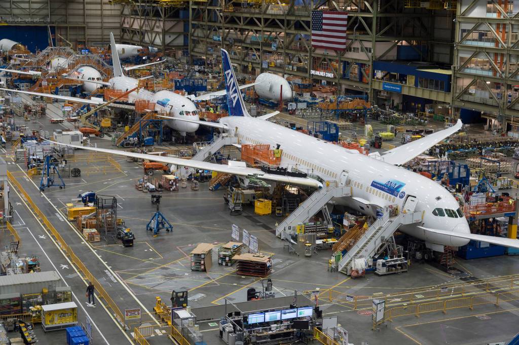 Boeing 787s in various stages of assembly at Boeing&rsquo;s Everett plant on April 29, 2017. (Boeing Co.)