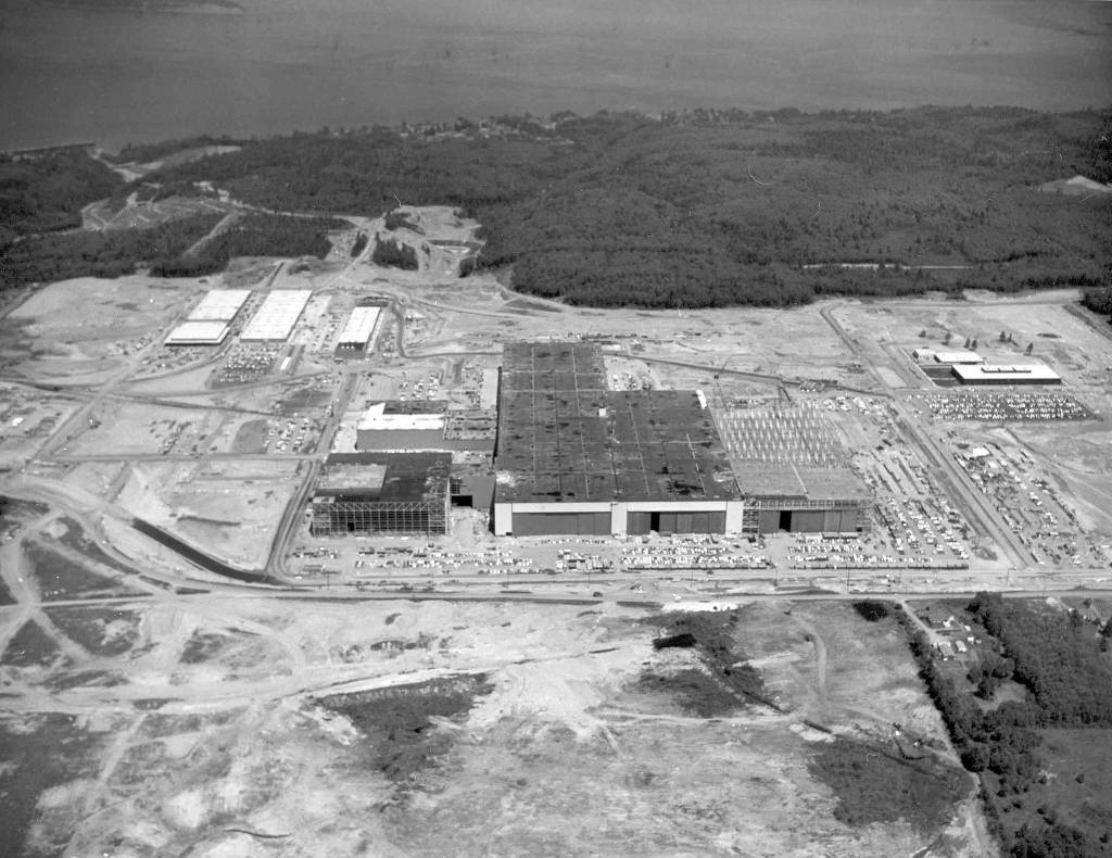 Construction of the Boeing Everett Factory seen in an aerial photo in 1967.