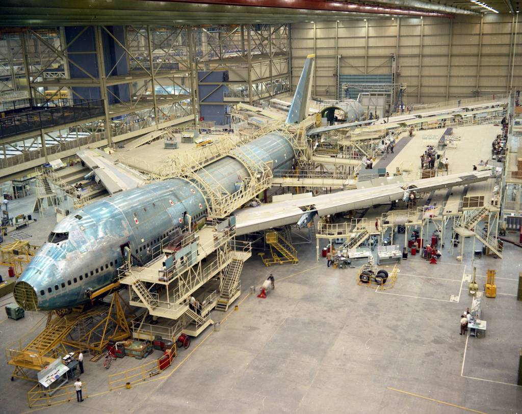 Assembly of the number one 747 (RA001) at Boeing Everett plant.