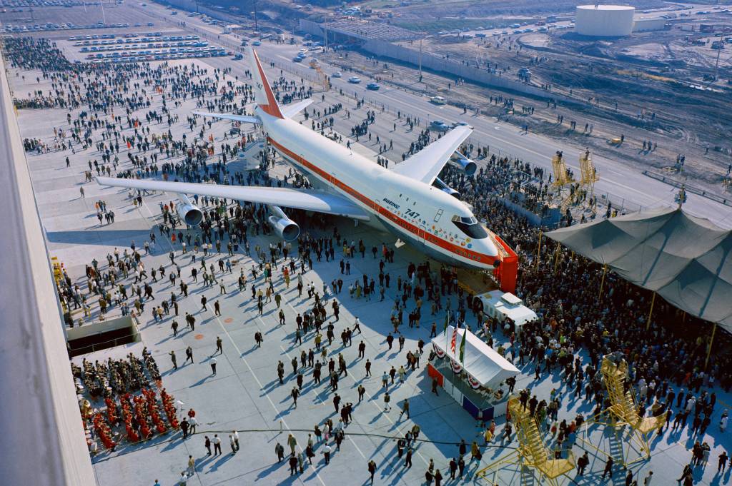 The first Boeing 747 &ldquo;Jumbo Jet&rdquo; rolled out of the plant in Everett on Sept. 30, 1968. Twice the size of the 707, it was designed to carry passengers and cargo. To assemble the giant plane, Boeing built the largest building by volume (291 million cubic feet) at Paine Field. (Photo courtesy The Boeing Co.)
