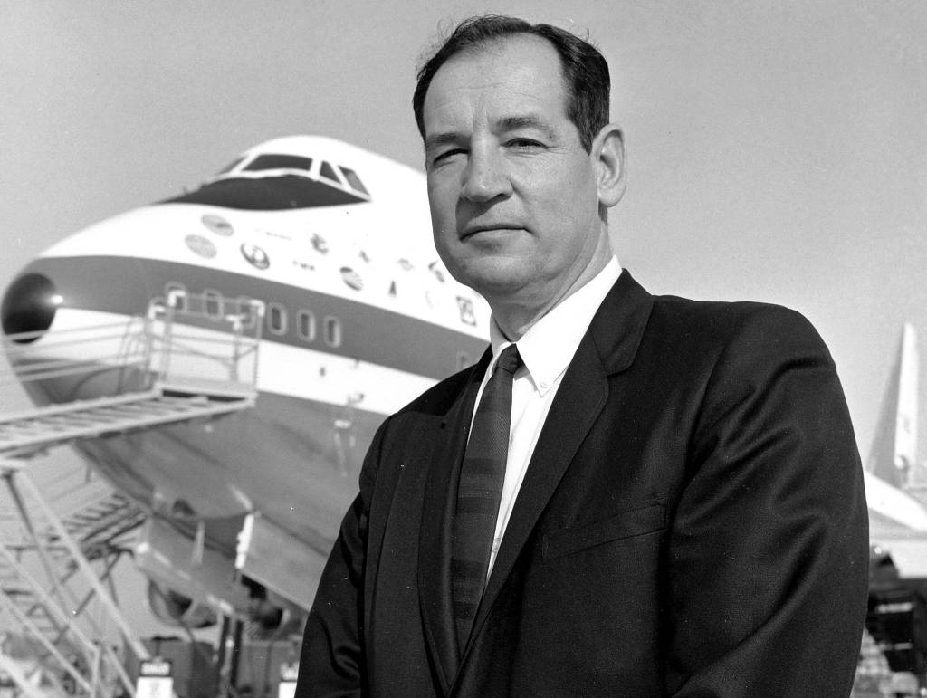Joe Sutter stands by the first 747 in 1969. Sutter has been described as the &ldquo;father of the 747.&rdquo; (Photo courtesy The Boeing Co. )