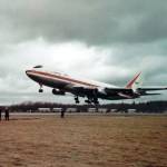 Spectators watch from the airfield as the prototype Boeing 747 (RA001) lifts into the air on its maiden flight at Everett&rsquo;s Paine Field on Feb. 9, 1969.