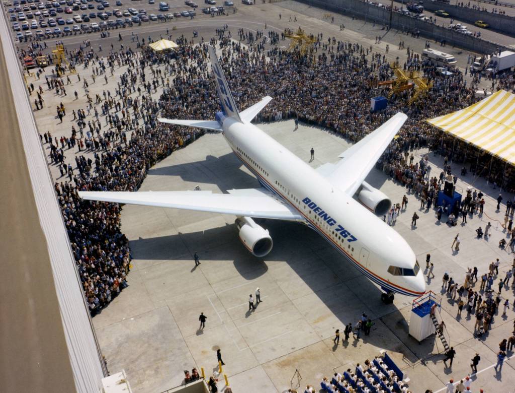 Aug. 4, 1981, was a memorable day for Boeing. The company&rsquo;s first new commercial transport in more than a dozen years, the Boeing 767, rolled out of the Everett plant in front of 15,000 onlookers. This widebody airplane was the first of a new generation of Boeing commercial transports designed for the fuel-conscious 1980s. Using the latest technology, the 767 promised to burn 30 percent less fuel than the generation of transports it was replacing. (Photo courtesy The Boeing Co.)