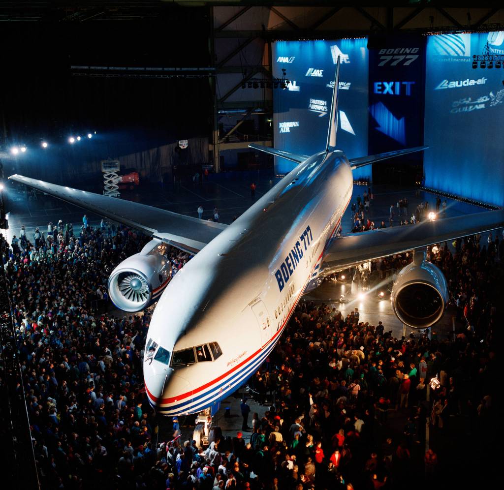 The ceremonial rollout of the first 777-200 was on April 9, 1994. Boeing unveiled the first 777 to approximately 100,000 employees and their guests, customers and suppliers. (Photo Courtesy The Boeing Co.)