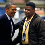 President Obama shares a moment with Boeing employee David Eddines during a preliminary tour in the 787 facility in Everett on Feb. 17, 2012. (Dan Bates / The Herald)