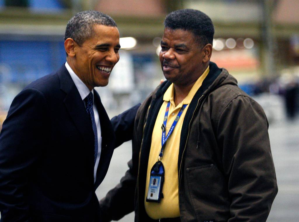 President Obama shares a moment with Boeing employee David Eddines during a preliminary tour in the 787 facility in Everett on Feb. 17, 2012. (Dan Bates / The Herald)