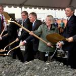 Boeing president and CEO Ray Conner (second from right), Sens. Patty Murray and Maria Cantwell and Everett mayor Ray Stephanson (fourth from left) mark the ceremonial beginning of construction on the Composite Wing Center at Boeing on Oct. 21, 2014, in Everett. (Mark Mulligan / The Herald)