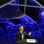 In front of the new autoclave, Ray Conner, vice chairman of The Boeing Company and president and chief executive officer of Boeing Commercial Airplanes, speaks to employees at a ceremony for the new Composite Wing Center building on May 20, 2016, in Everett. (Andy Bronson / The Herald)