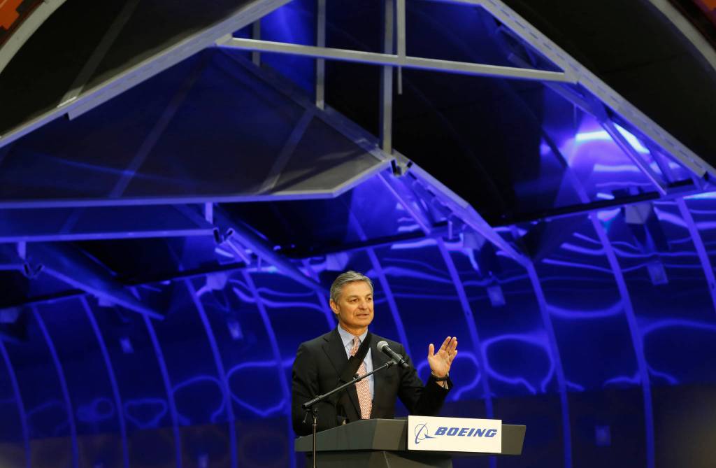 In front of the new autoclave, Ray Conner, vice chairman of The Boeing Company and president and chief executive officer of Boeing Commercial Airplanes, speaks to employees at a ceremony for the new Composite Wing Center building on May 20, 2016, in Everett. (Andy Bronson / The Herald)