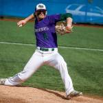 Edmonds-Woodway pitcher Kosta Cooper delivers a pitch during a 3A District 1 semifinal game against Snohomish on May 9, 2017, at Meridian Park Fields. (Ian Terry / The Herald)