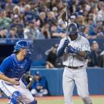 Seattle&rsquo;s Guillermo Heredia reacts after striking out in the ninth inning of Friday&rsquo;s game in Toronto. (Fred Thornhill/The Canadian Press via AP)