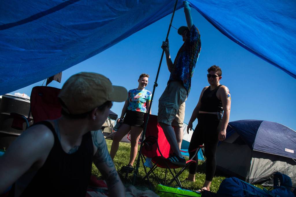 Festivalgoers dance on the hill near the main stage on the first of three days during the annual Sasquatch! Music Festival on Friday, May 26, 2017 in George, Wa. (Daniella Beccaria / For the Herald )