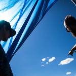 Sirius J (left) talks with a friend from the neighboring campsite on the first of three days during the annual Sasquatch! Music Festival on Friday, May 26, 2017 in George, Wa. (Daniella Beccaria / For the Herald )