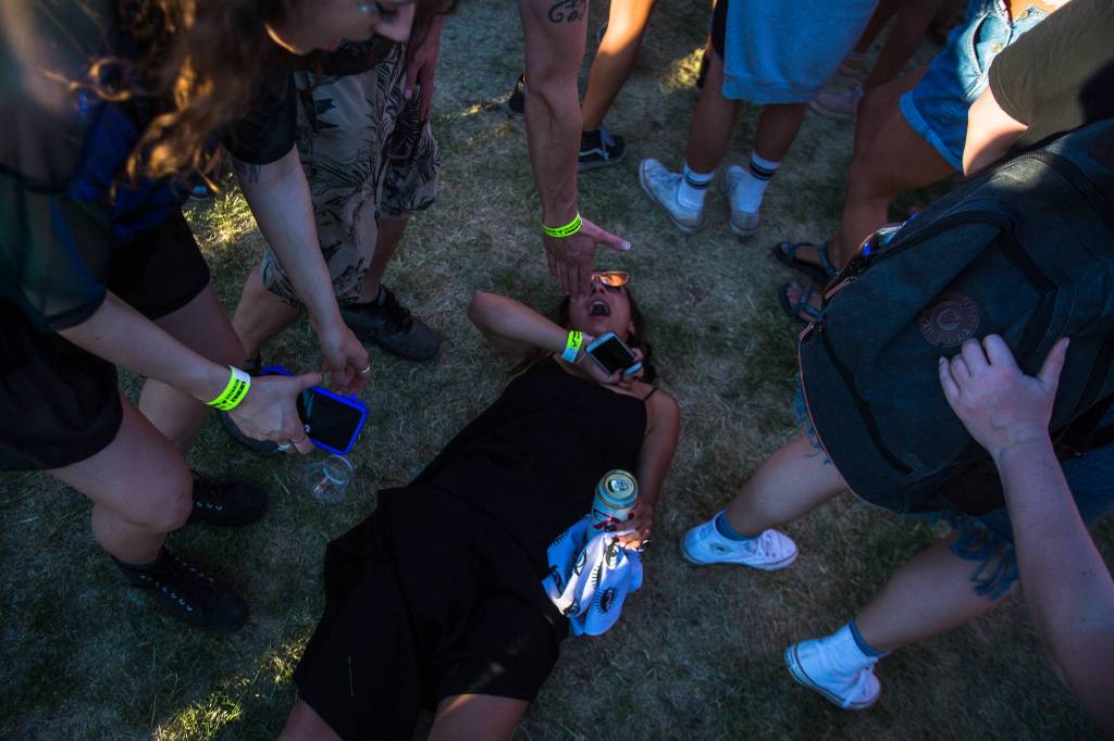 A festivalgoers falls in the crowd at the Bigfoot stage on the first of three days during the annual Sasquatch! Music Festival on Friday, May 26, 2017 in George, Wa. (Daniella Beccaria / For the Herald )
