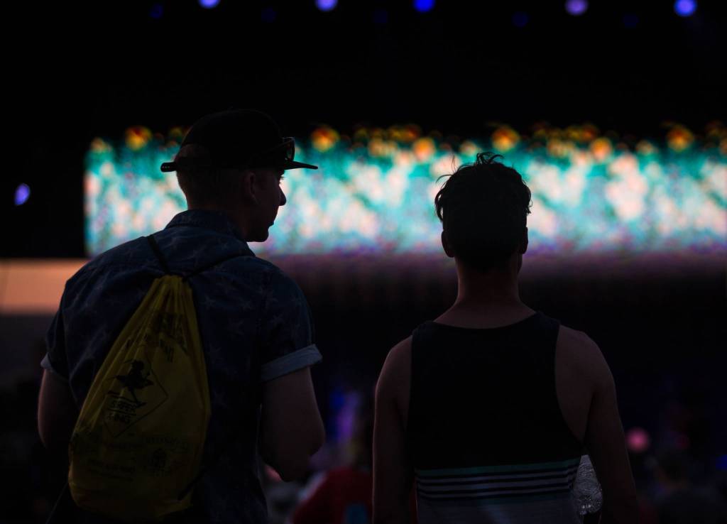 Festivalgoers listen to The Head and the Heart perform at the main stage on the first of three days during the annual Sasquatch! Music Festival on Friday, May 26, 2017 in George, Wa. (Daniella Beccaria / For the Herald )