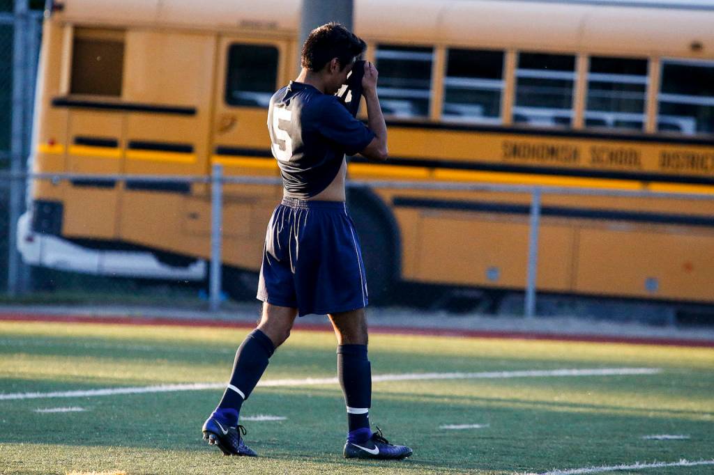 Glacier Peak&rsquo;s Jesse Granados reacts during a shootout to decide a state 4A semifinal game against Todd Beamer at Sparks Stadium in Puyallup on Friday, May 26. After the two teams battled to a 2-2 draw in regulation, Todd Beamer won after a penalty shootout. (Ian Terry / The Herald)