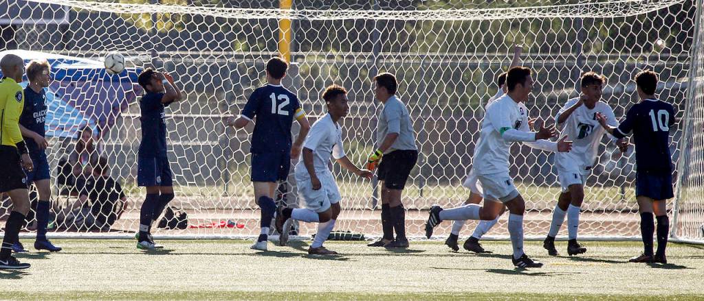 Todd Beamer reacts after scoring during a state 4A semifinal game against Glacier Peak at Sparks Stadium in Puyallup on Friday, May 26. After the two teams battled to a 2-2 draw in regulation, Todd Beamer won after a penalty shootout. (Ian Terry / The Herald)