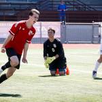 Snohomish&rsquo;s Logan Stapleton (left) celebrates his second goal against Gig Harbor is a 3A state semifinal match on May 26, 2017, at Sparks Stadium in Puyallup. Snohomish beat Gig Harbor 4-3 to advance to the state championship game. (Ian Terry / The Herald)