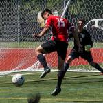 Snohomish&rsquo;s Eduardo Torralba-Barragan controls a ball in the box as Gig Harbor goalkeeper Winston Sappenfield looks on during a 3A state semifinal match on May 26, 2017, at Sparks Stadium in Puyallup. Snohomish beat Gig Harbor 4-3 to advance to the state championship game. (Ian Terry / The Herald)