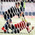 Gig Harbor goalkeeper Winston Sappenfield (left) shoves Snohomish&rsquo;s Logan Stapleton after the two collided during a 3A state semifinal game on May 26, 2017, at Sparks Stadium in Puyallup. Snohomish beat Gig Harbor 4-3 to advance to the state championship game. (Ian Terry / The Herald)
