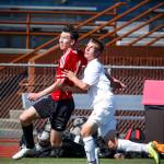 Snohomish&rsquo;s Logan Stapleton (left) and Roosevelt&rsquo;s Isaac Brighton battle for a loose ball during the 3A State Championship at Sparks Stadium in Puyallup on Saturday, May 27. Roosevelt beat Snohomish 2-0. (Ian Terry / The Herald)