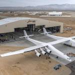 Paul Allen&rsquo;s Stratolaunch airplane emerges from its hangar in Mojave, California, on Wednesday. (Stratolaunch Systems Corp.)