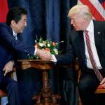 President Donald Trump (right) shakes hands with Japanese Prime Minister Shinzo Abe during a meeting at the G7 Summit on Friday in Taormina, Italy. (AP Photo/Evan Vucci)