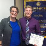 South Everett-Mukilteo Rotary Club President Cassie Franklin congratulates Jacob Elenbaas as Student of the Month from Cascade High School. (Contributed photo)