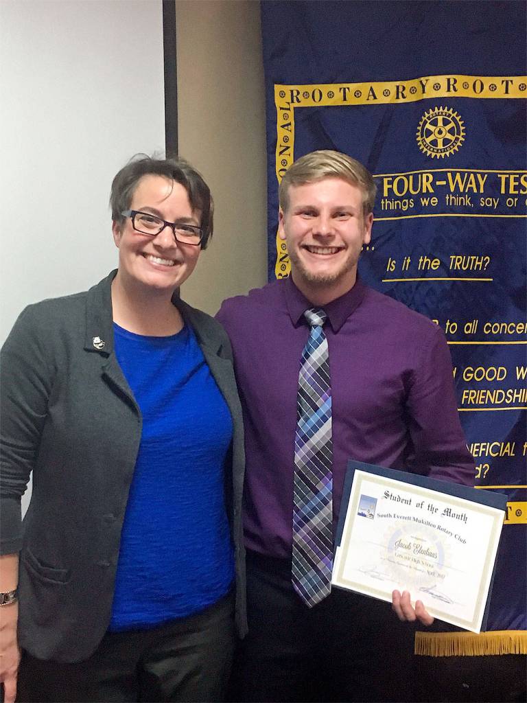 South Everett-Mukilteo Rotary Club President Cassie Franklin congratulates Jacob Elenbaas as Student of the Month from Cascade High School. (Contributed photo)