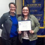 South Everett-Mukilteo Rotary Club President Cassie Franklin congratulates Katie Woods as Student of the Month from Mariner High School. (Contributed photo)