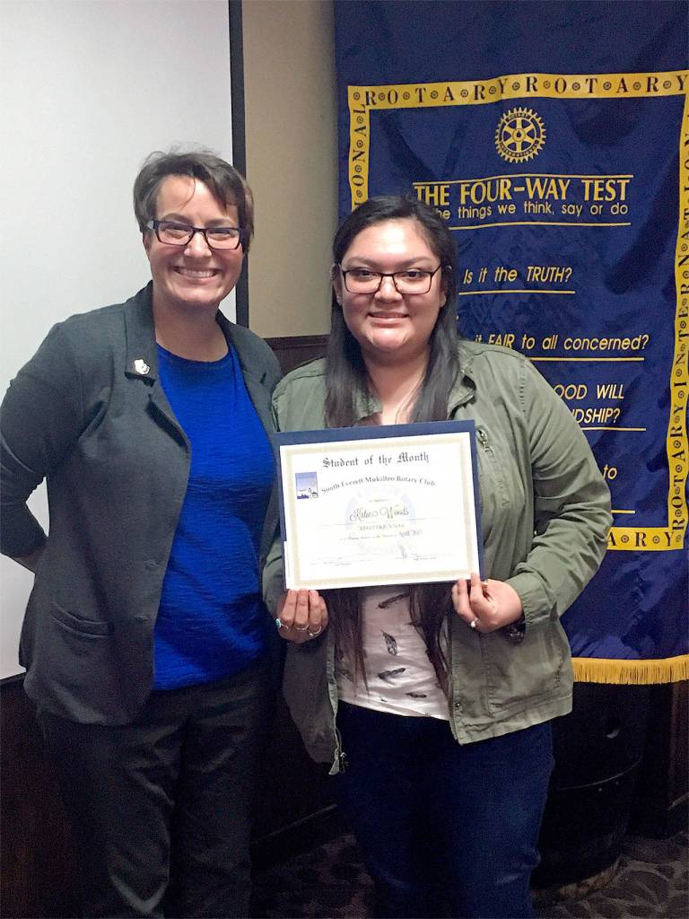 South Everett-Mukilteo Rotary Club President Cassie Franklin congratulates Katie Woods as Student of the Month from Mariner High School. (Contributed photo)