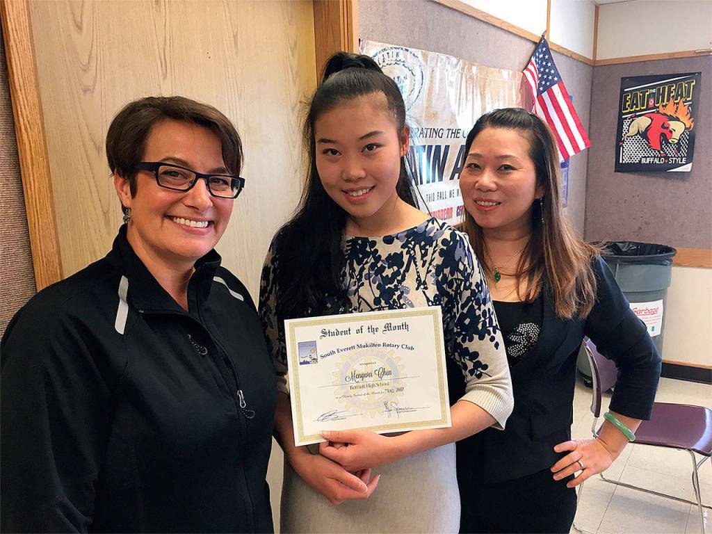 South Everett-Mukilteo Rotary President Cassie Franklin (from left) congratulates Mengwei Chen and her mother Yanhong Chen on the Kamiak High School senior&rsquo;s Student of the Month honor. (Contributed photo)