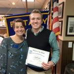 South Everett-Mukilteo Rotary Club President Cassie Franklin congratulates Mitchell Hovis as Student of the Month from Kamiak High School. (Contributed photo)