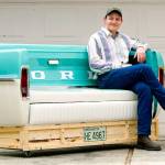 Pullman High School senior Brandon Libey sits in his 1967 Ford bench outside his home in Pullman. Libey built the bench as his high school senior project with mentor Steve Myers, Jr. The bench was inspired by a 1967 Ford F-100 owned by Libey&rsquo;s grandfather, Gary Beedy. (Geoff Crimmins / The Moscow-Pullman Daily News via AP)
