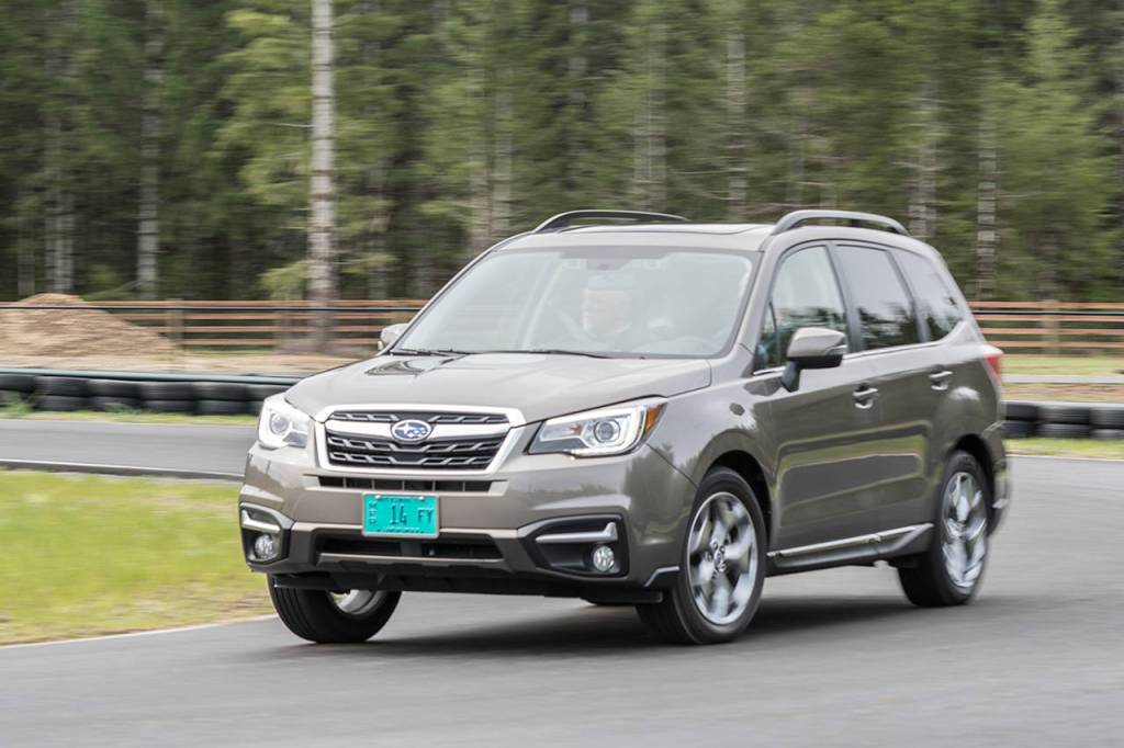The 2017 Subaru Forester 2.5i Touring comes around the bend of The Ridge Motorsports Park&rsquo;s track during Mudfest. (Josh Mackey / NWAPA)