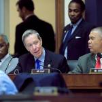 House Financial Services Committee member Rep. Stephen Lynch, D-Mass. (center), flanked by Rep. David Scott, D-Ga. (left) and Rep. William Lacy Clay, D-Mo., speaks on Capitol Hill in Washington on Tuesday, May 2, during the committee&rsquo;s hearing on overhauling the nation&rsquo;s financial rules. (AP Photo/Manuel Balce Ceneta)