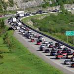 Traffic backs up on eastbound I-90 over Snoqualmie Pass on New Year&rsquo;s Day in 2003. On weekends and holidays, the amount of traffic usually doubles. (WSDOT)