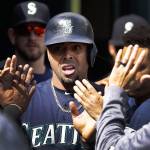 The Mariners&rsquo; Nelson Cruz is congratulated after scoring during the sixth inning of a game against the Tigers on April 27, 2017, in Detroit. (AP Photo/Carlos Osorio)